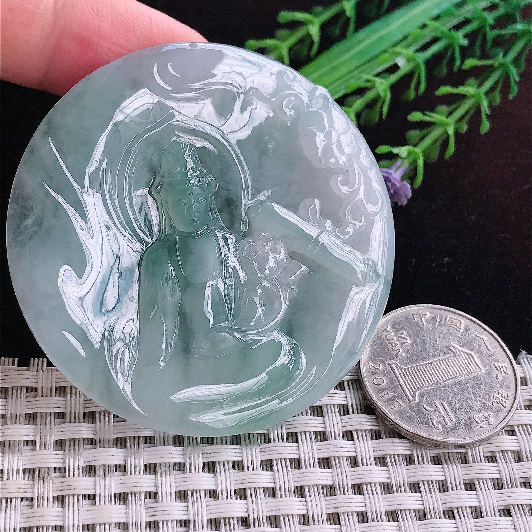 实拍A货翡翠57.5/5.5老坑冰润起胶赐福观音吊坠翡翠玉挂件