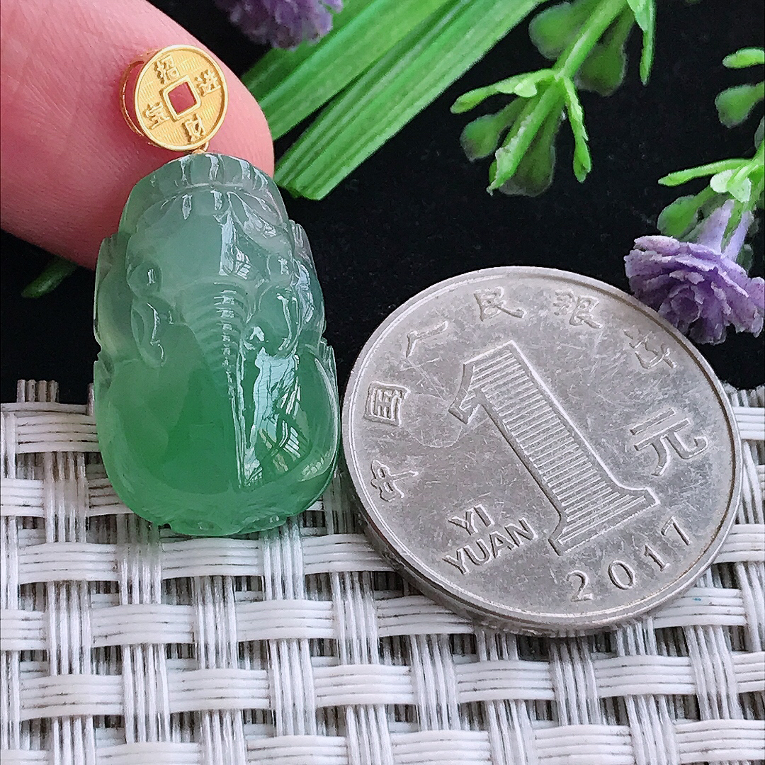 实拍A货翡翠22.4/14.4/7.7老坑18k金镶嵌冰胶满绿貔貅吊坠翡翠玉挂件