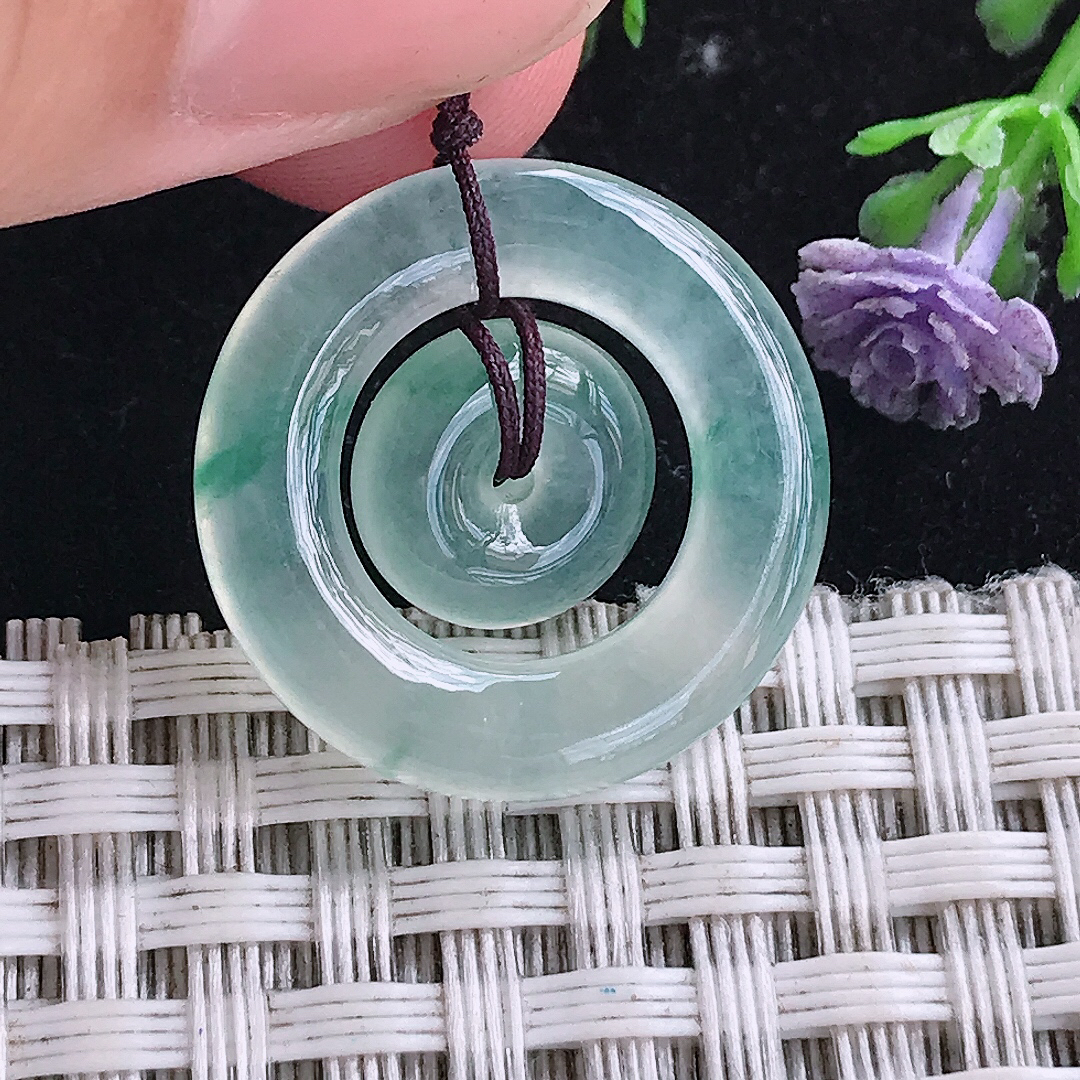 实拍A货翡翠21.4/4老坑冰种冰飘花母子扣平安扣吊坠翡翠玉挂件