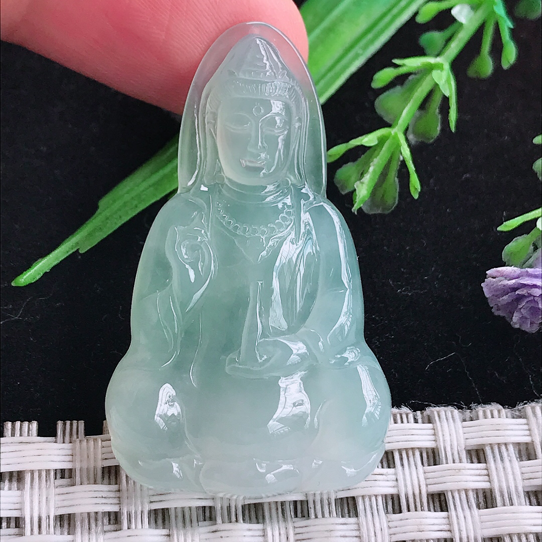 实拍A货翡翠41.3/25.3/5.4老坑冰种冰晴观音菩萨吊坠翡翠玉挂件
