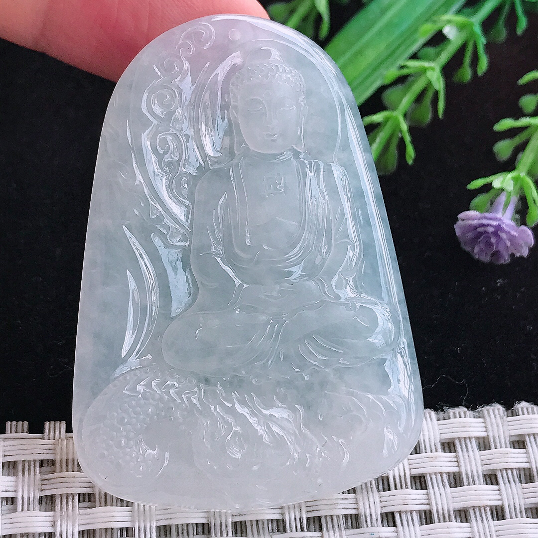 实拍A货翡翠54/38.6/6老坑冰纯白月光白冰大日如来佛吊坠翡翠玉挂件