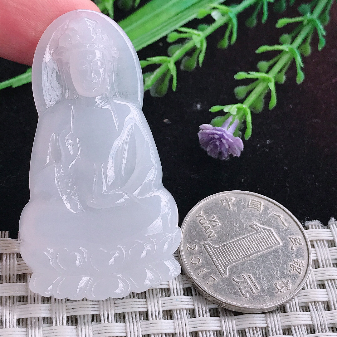 实拍A货翡翠50.5/28/5.5老坑冰润起胶白月光赐福观音吊坠翡翠玉挂件