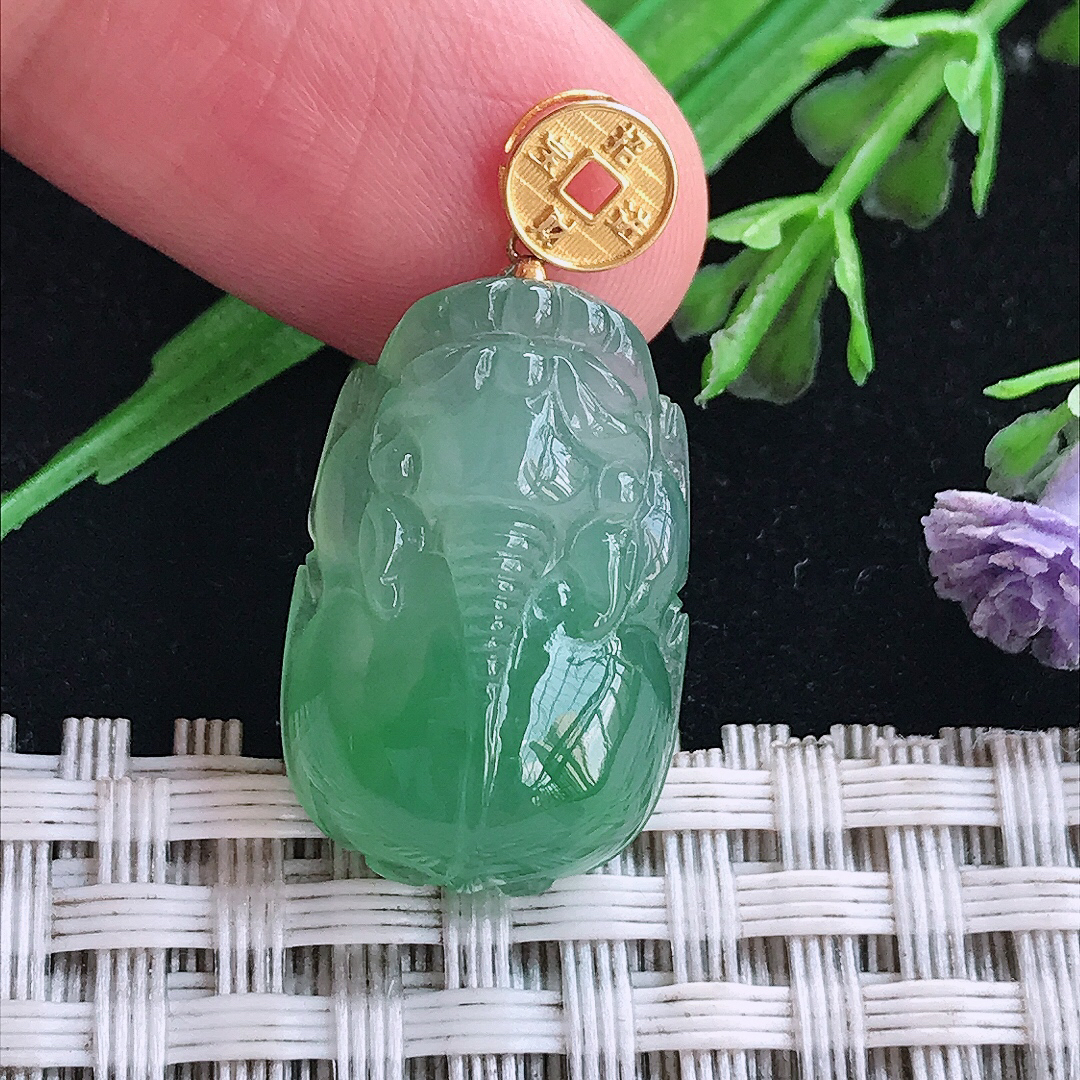 实拍A货翡翠22.4/14.4/7.7老坑18k金镶嵌冰胶满绿貔貅吊坠翡翠玉挂件