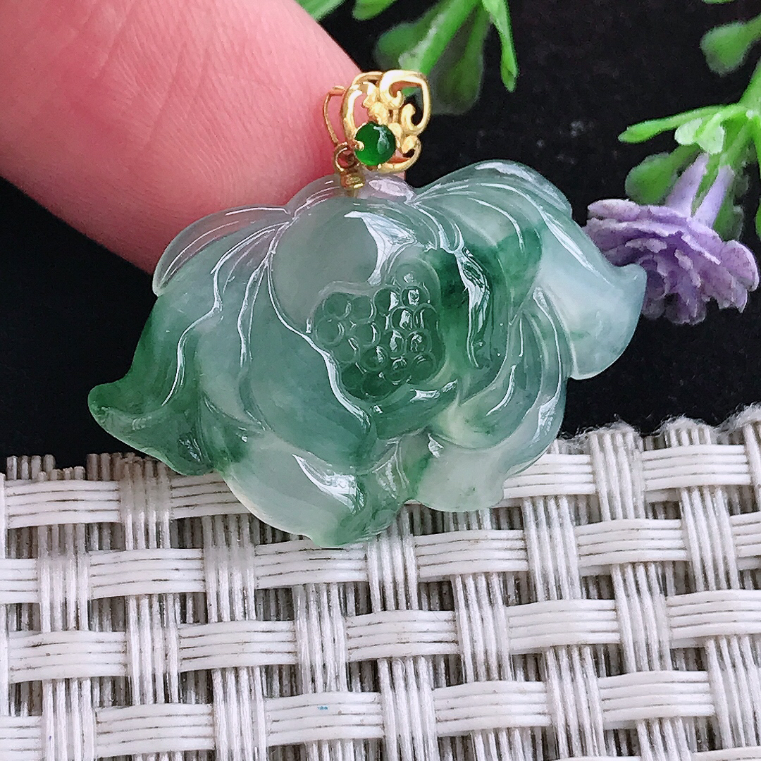 实拍A货翡翠18.4/29.8/4.8老坑18k金镶嵌冰种冰飘花莲花吊坠翡翠玉挂件