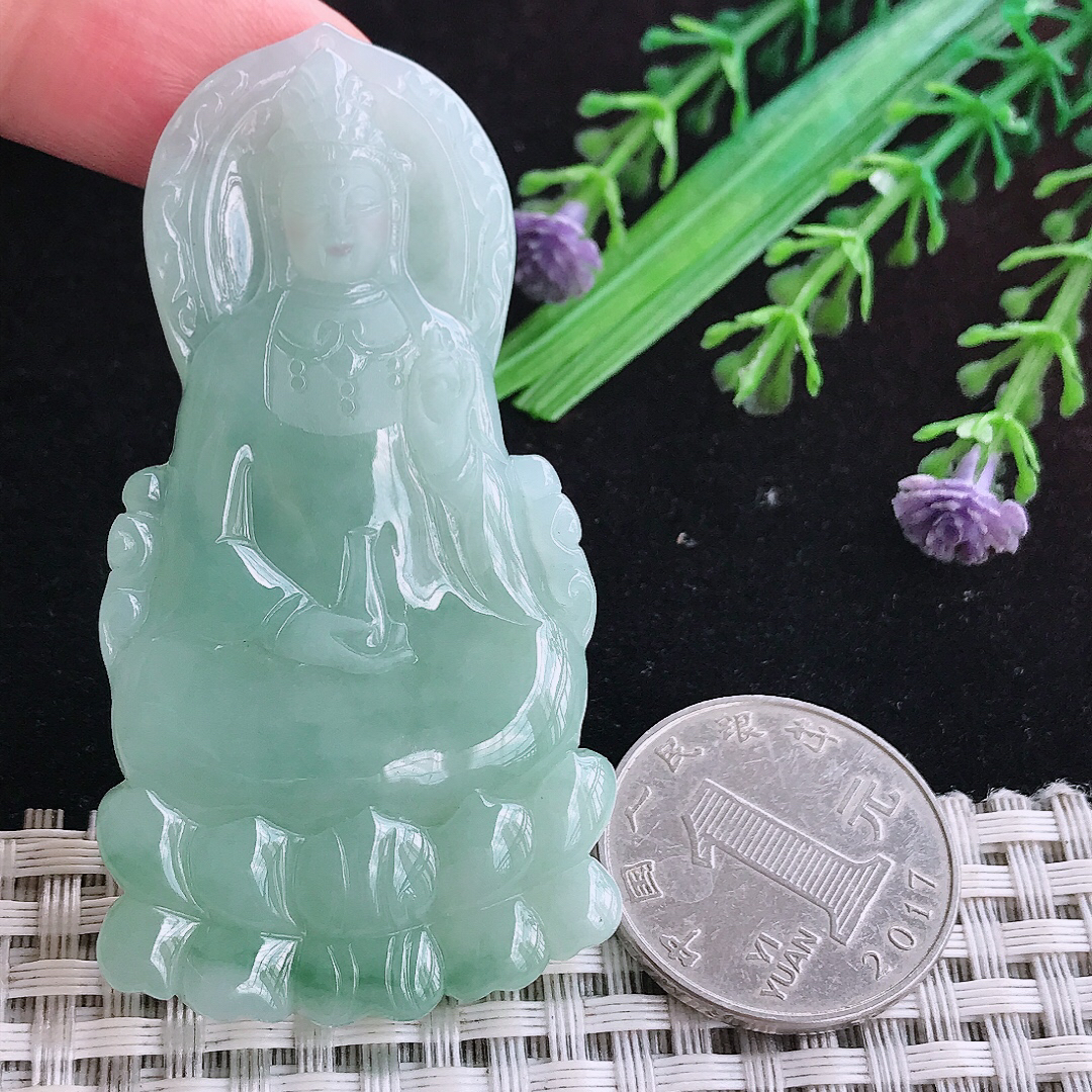 实拍A货翡翠63.8/33.5/5.3老坑冰润起胶冰晴绿赐福观音吊坠翡翠玉挂件