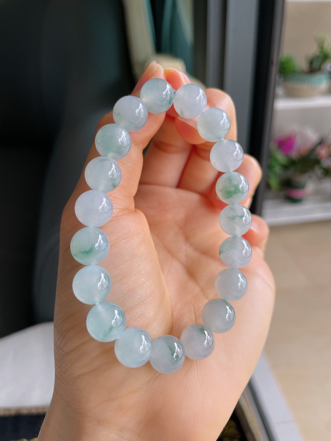 缅甸天然翡翠A货，冰种飘花手链，尺寸：10mm。【编4185】