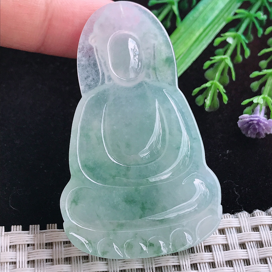 实拍A货翡翠60.5/37.8/6.3老坑冰润起胶冰晴素衣观音吊坠翡翠玉挂件