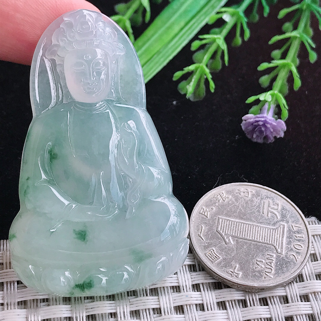 实拍A货翡翠54.6/34.2/6.5老坑冰透果冻胶冰飘花素衣观音吊坠翡翠玉挂件