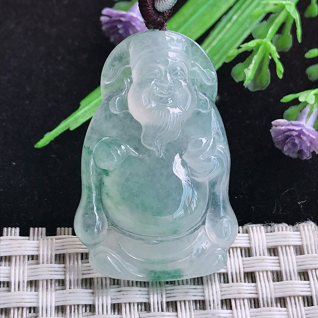 实拍A货翡翠38.3/25/6.7老坑冰透起胶冰种飘花财神爷吊坠翡翠玉挂件