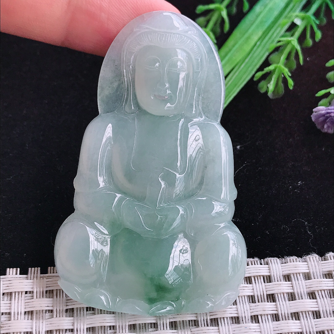 实拍A货翡翠61.5/39/5.6老坑冰润起胶晴底赐福观音吊坠翡翠玉挂件