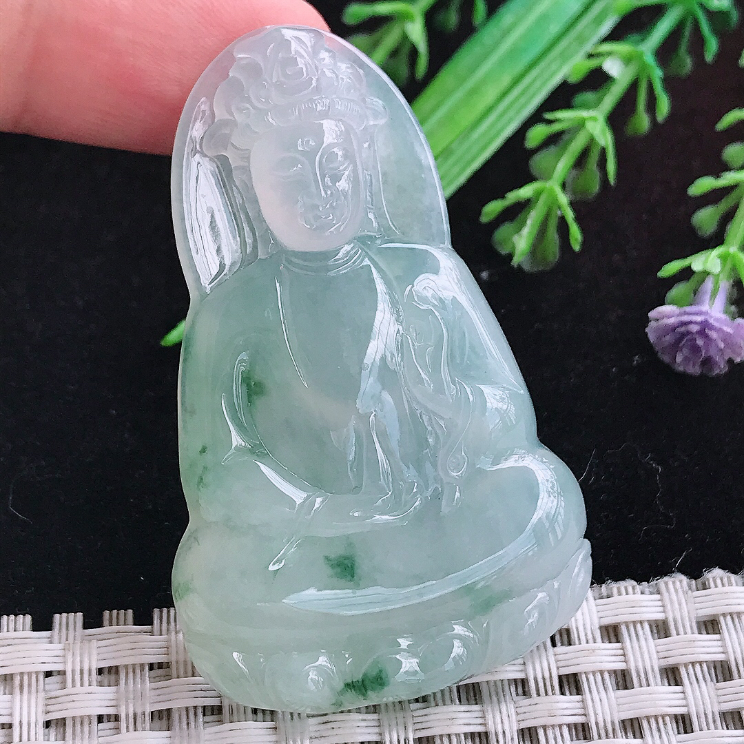 实拍A货翡翠54.6/34.2/6.5老坑冰透果冻胶冰飘花素衣观音吊坠翡翠玉挂件