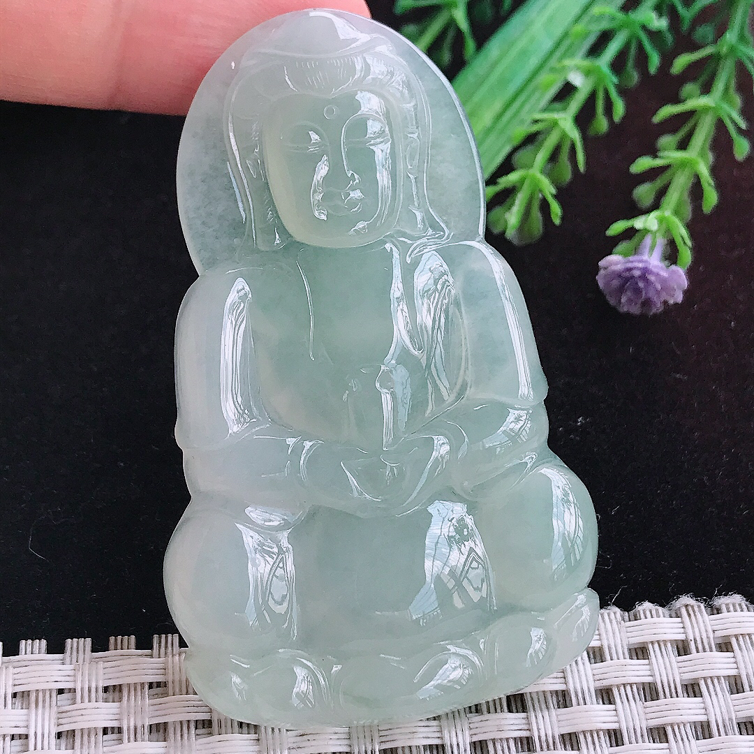 实拍A货翡翠66.6/40.5/6老坑冰润冰晴正装观音吊坠翡翠玉挂件