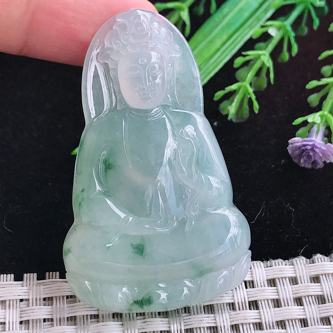 实拍A货翡翠54.6/34.2/6.5老坑冰透果冻胶冰飘花素衣观音吊坠翡翠玉挂件