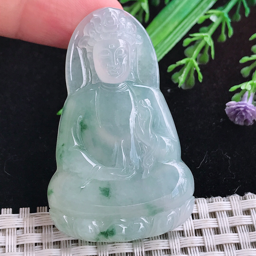 实拍A货翡翠54.6/34.2/6.5老坑冰透果冻胶冰飘花素衣观音吊坠翡翠玉挂件