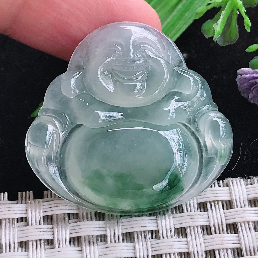 实拍A货翡翠31.5/33.6/5.3老坑冰种冰飘花佛公吊坠翡翠玉佛挂件