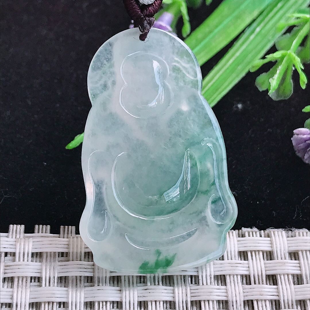 实拍A货翡翠38.3/25/6.7老坑冰透起胶冰种飘花财神爷吊坠翡翠玉挂件