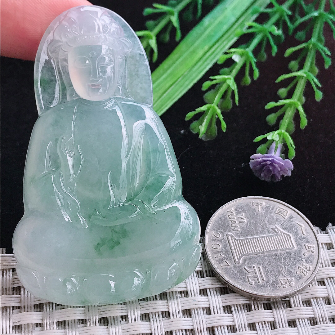 实拍A货翡翠60.5/37.8/6.3老坑冰润起胶冰晴素衣观音吊坠翡翠玉挂件