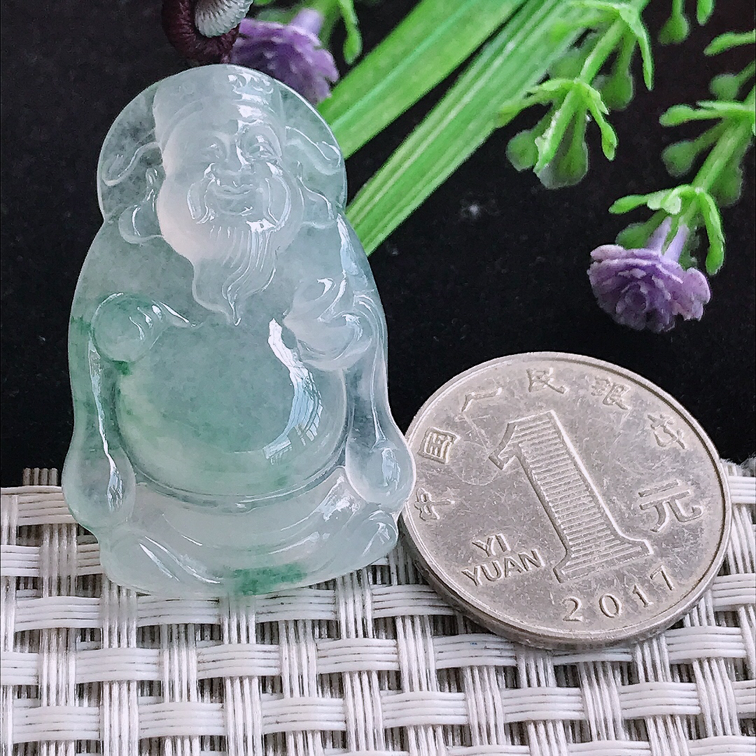 实拍A货翡翠38.3/25/6.7老坑冰透起胶冰种飘花财神爷吊坠翡翠玉挂件