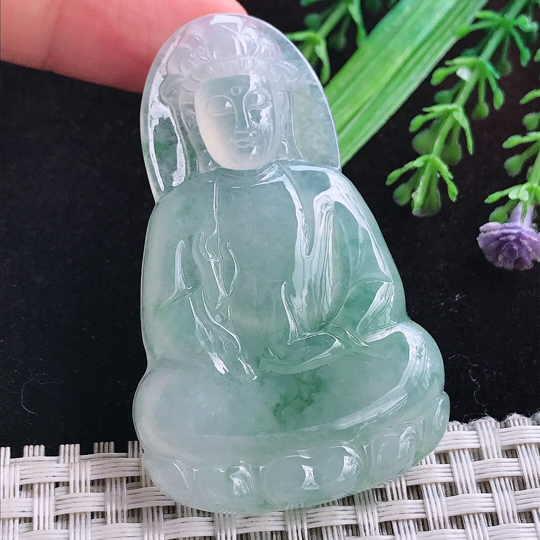 实拍A货翡翠60.5/37.8/6.3老坑冰润起胶冰晴素衣观音吊坠翡翠玉挂件