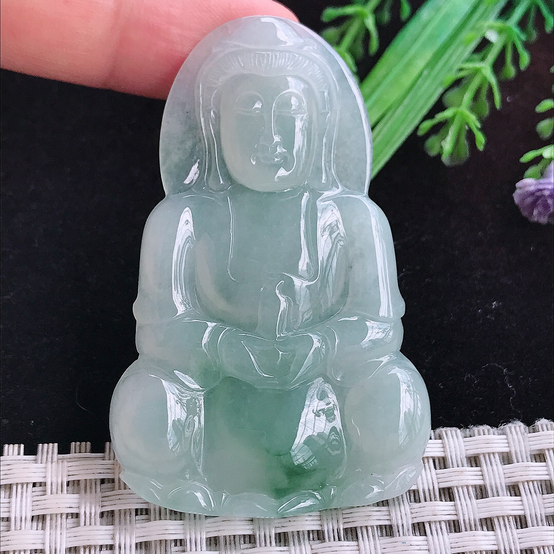 实拍A货翡翠61.5/39/5.6老坑冰润起胶晴底赐福观音吊坠翡翠玉挂件