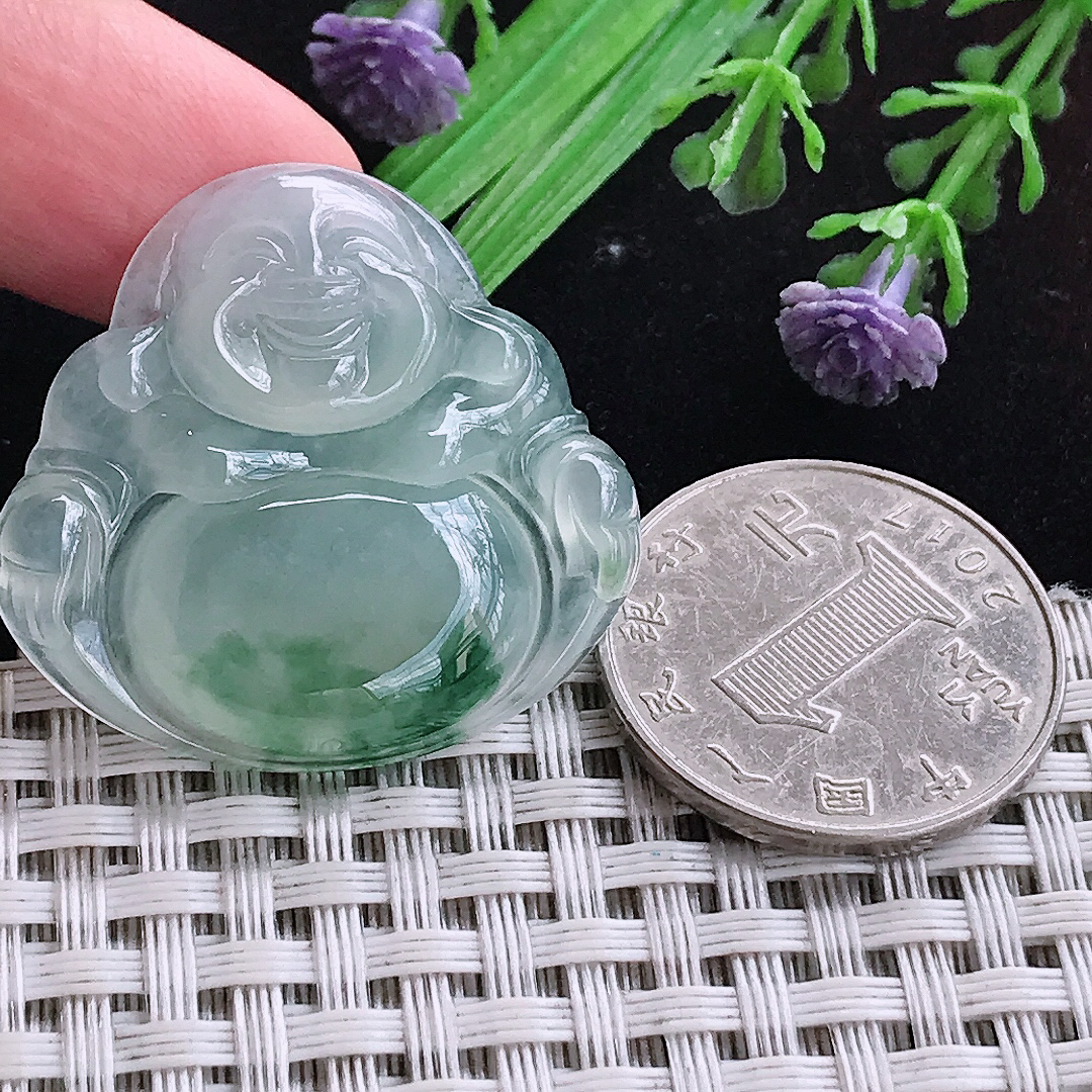 实拍A货翡翠31.5/33.6/5.3老坑冰种冰飘花佛公吊坠翡翠玉佛挂件