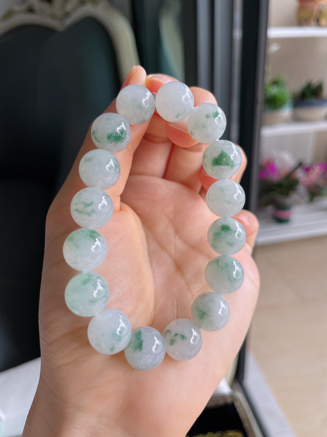 ️，天然翡翠A货，冰飘花手链，尺寸：12mm。【编3737】