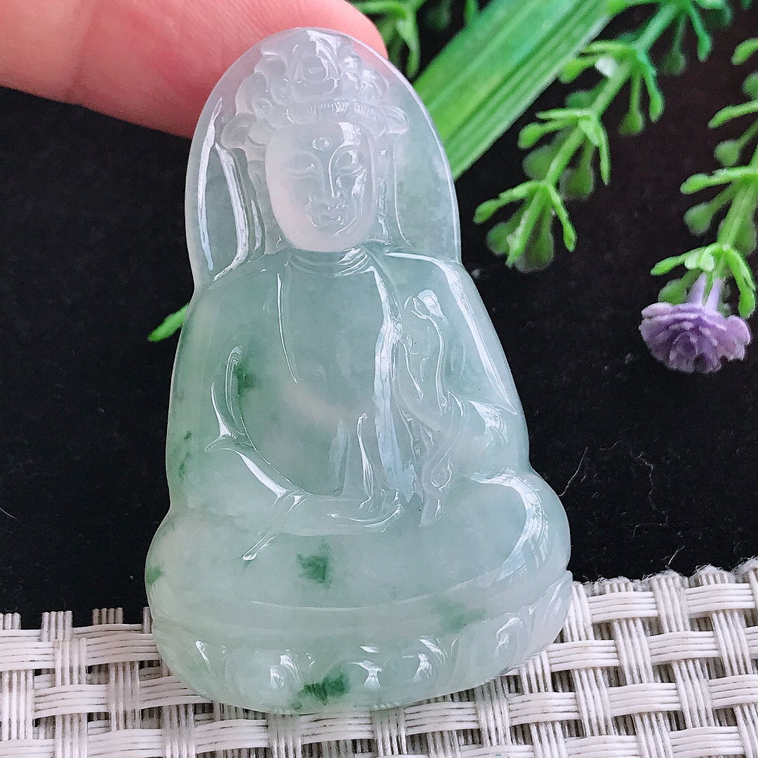 实拍A货翡翠54.6/34.2/6.5老坑冰透果冻胶冰飘花素衣观音吊坠翡翠玉挂件