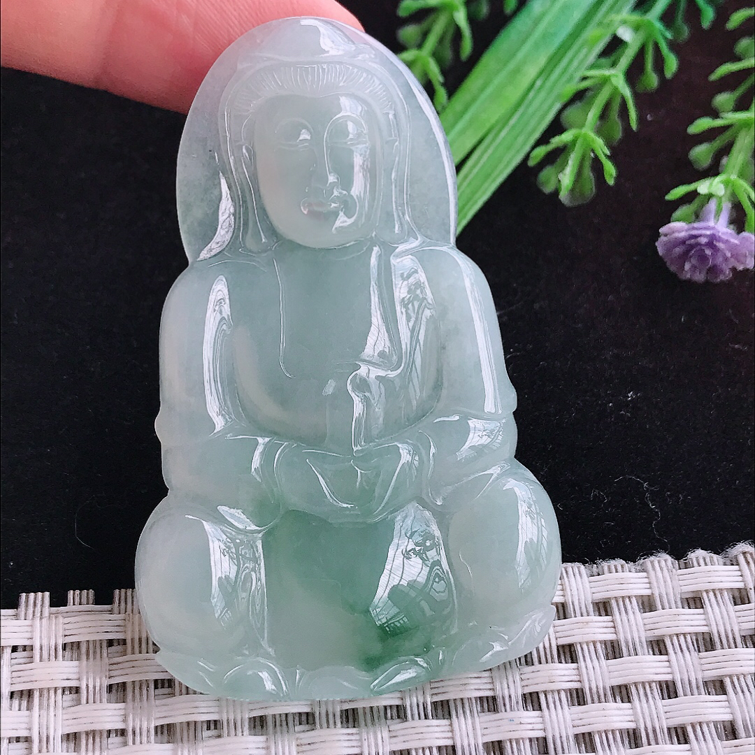 实拍A货翡翠61.5/39/5.6老坑冰润起胶晴底赐福观音吊坠翡翠玉挂件