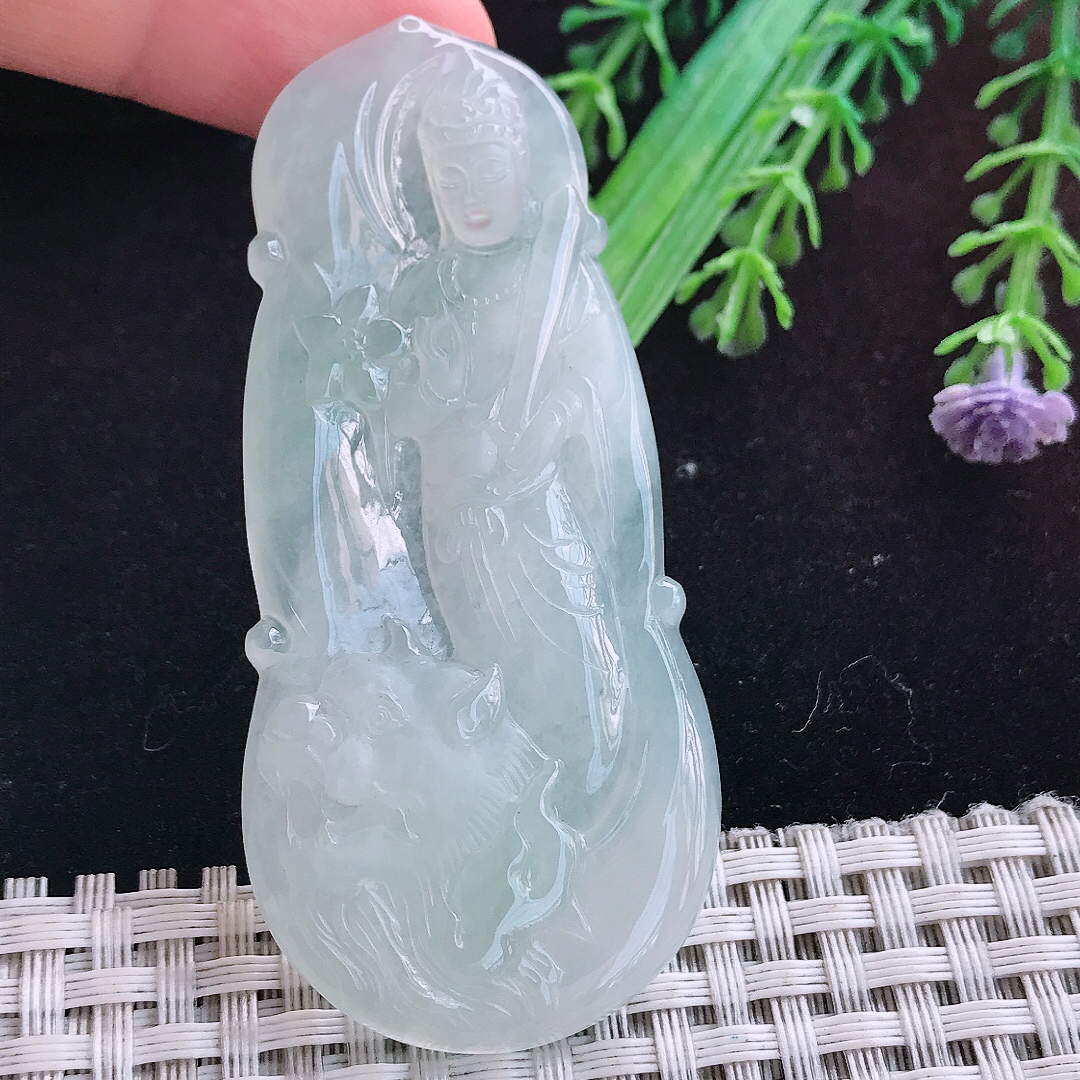实拍A货翡翠69/32/5.5老坑冰胶晴底文殊菩萨吊坠翡翠玉挂件