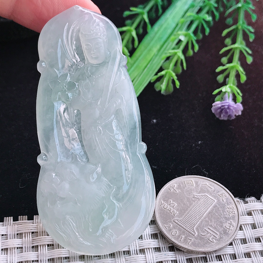 实拍A货翡翠69/32/5.5老坑冰胶晴底文殊菩萨吊坠翡翠玉挂件