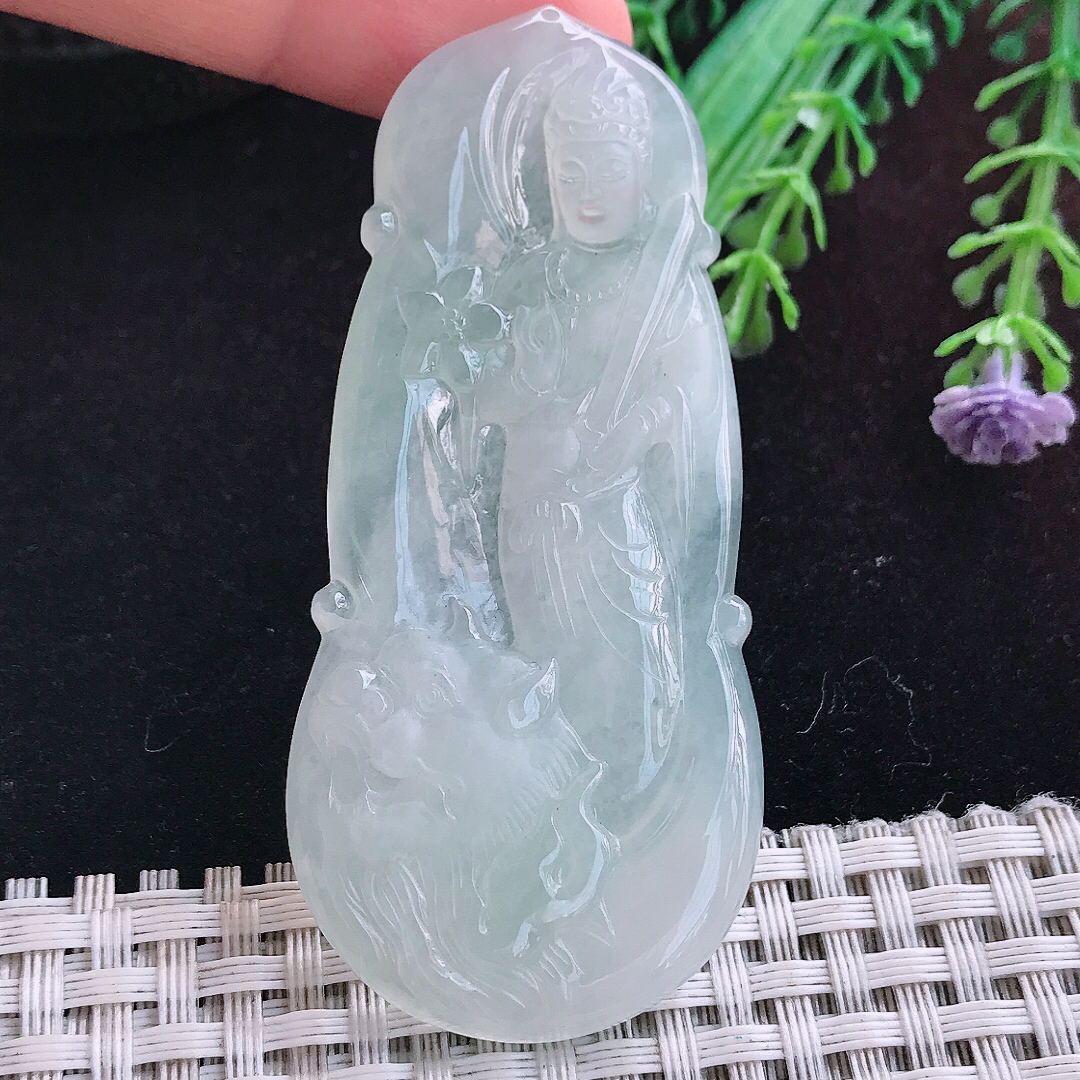 实拍A货翡翠69/32/5.5老坑冰胶晴底文殊菩萨吊坠翡翠玉挂件
