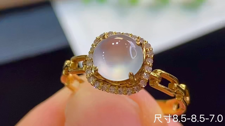 18k金+钻玻璃种蛋面戒指，无暇，8.5-8.5-7.0
