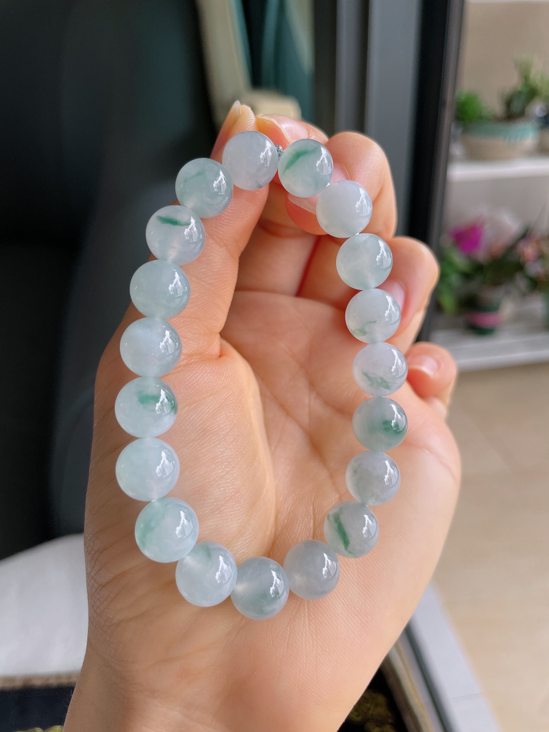 缅甸天然翡翠A货，冰种飘花手链，尺寸：10mm。【编4185】