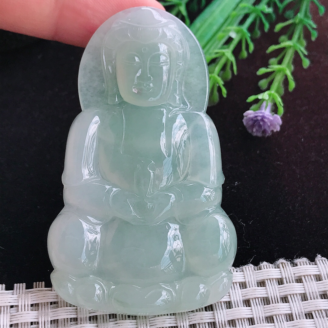 实拍A货翡翠66.6/40.5/6老坑冰润冰晴正装观音吊坠翡翠玉挂件