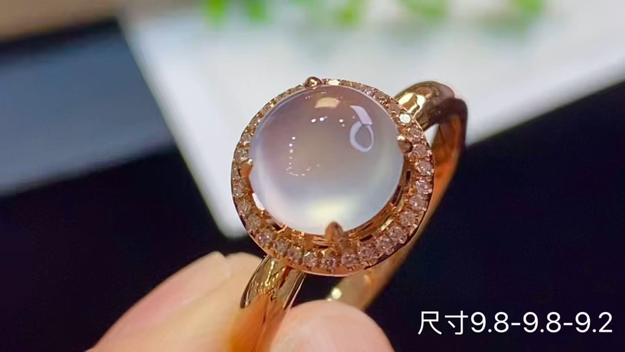 18k金+钻玻璃种蛋面戒指，无暇，9.8-9.8-9.2