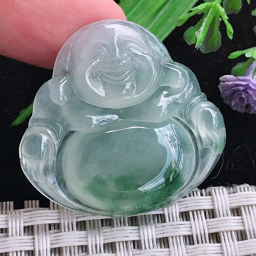 实拍A货翡翠31.5/33.6/5.3老坑冰种冰飘花佛公吊坠翡翠玉佛挂件