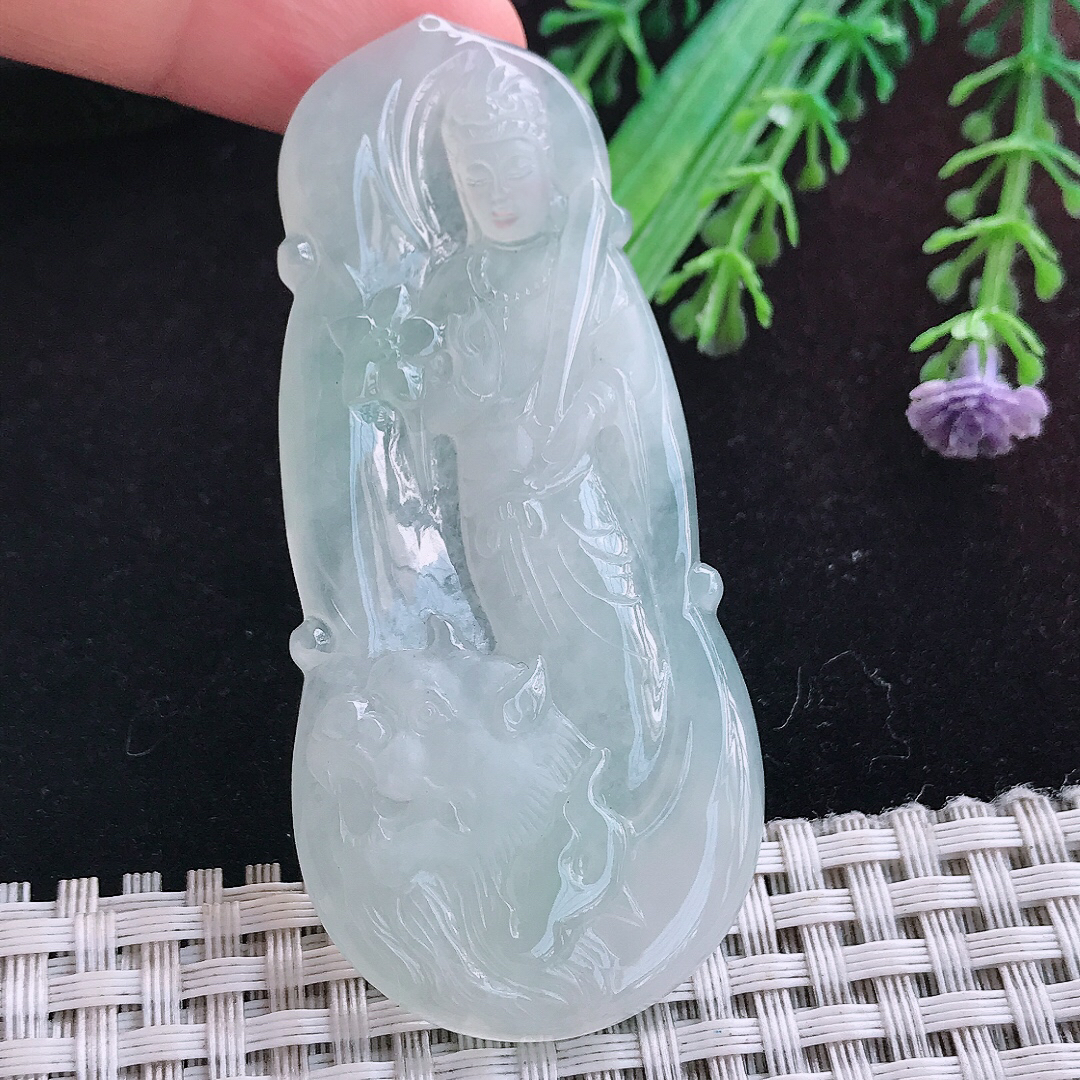 实拍A货翡翠69/32/5.5老坑冰胶晴底文殊菩萨吊坠翡翠玉挂件