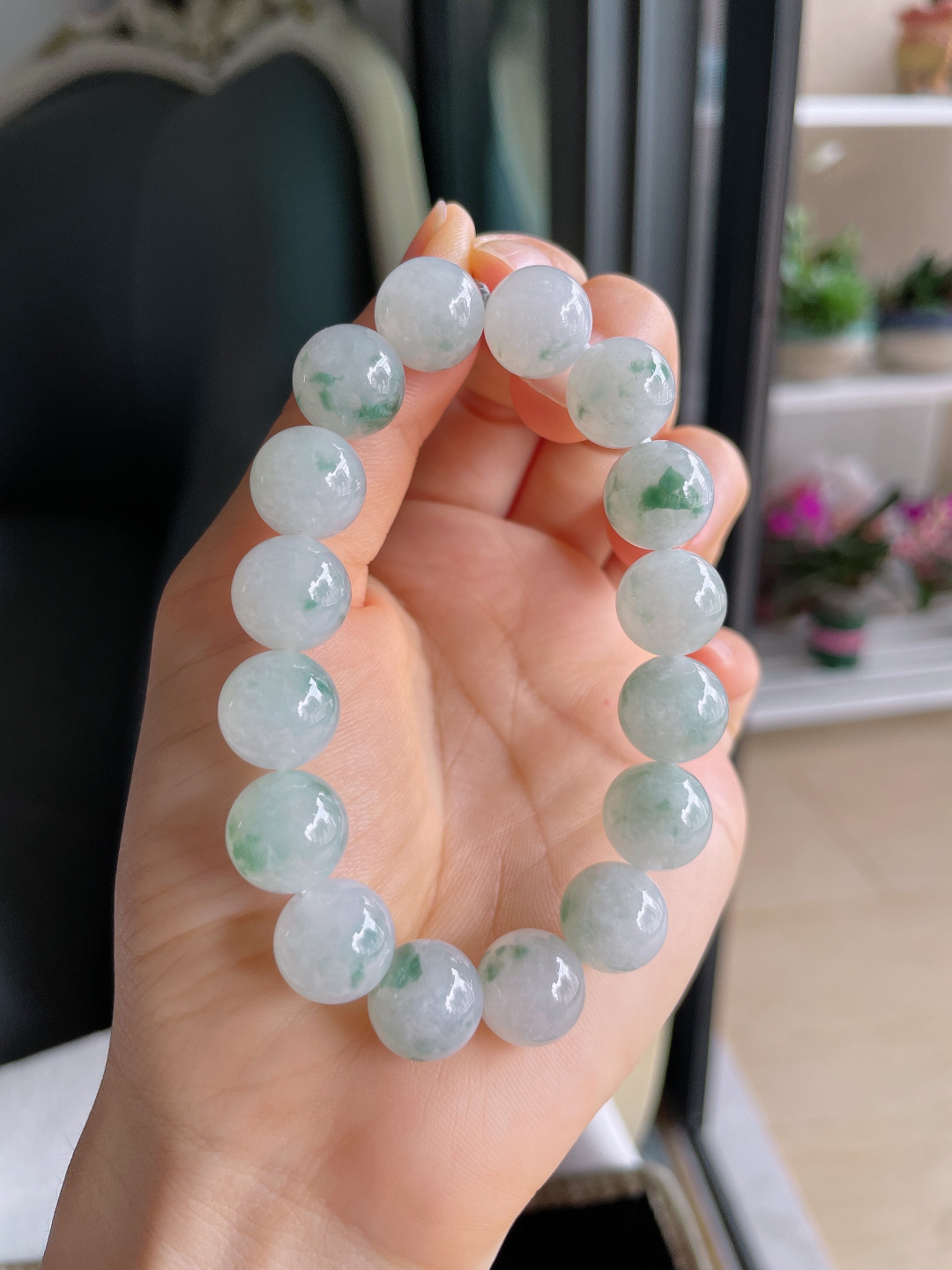 ️，天然翡翠A货，冰飘花手链，尺寸：12mm。【编3737】