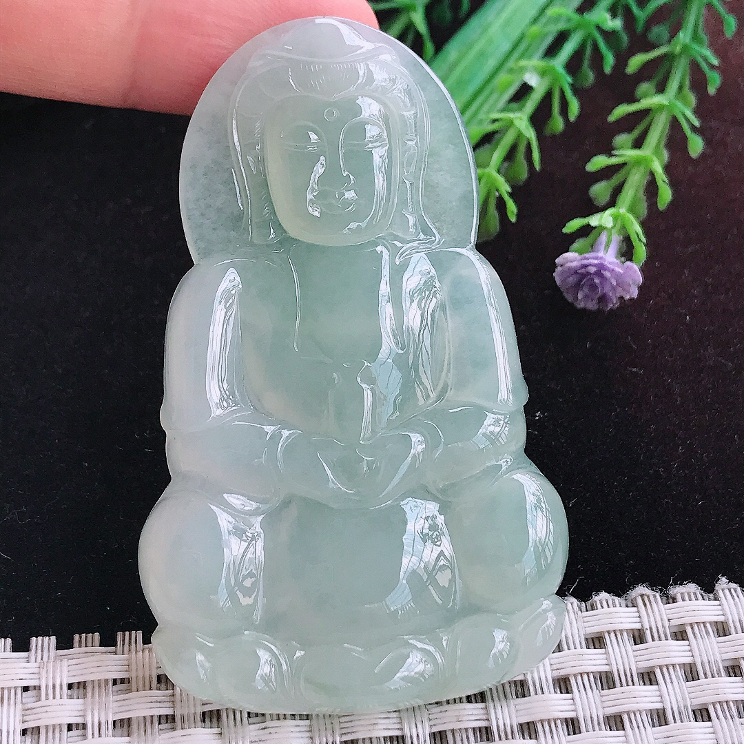 实拍A货翡翠66.6/40.5/6老坑冰润冰晴正装观音吊坠翡翠玉挂件