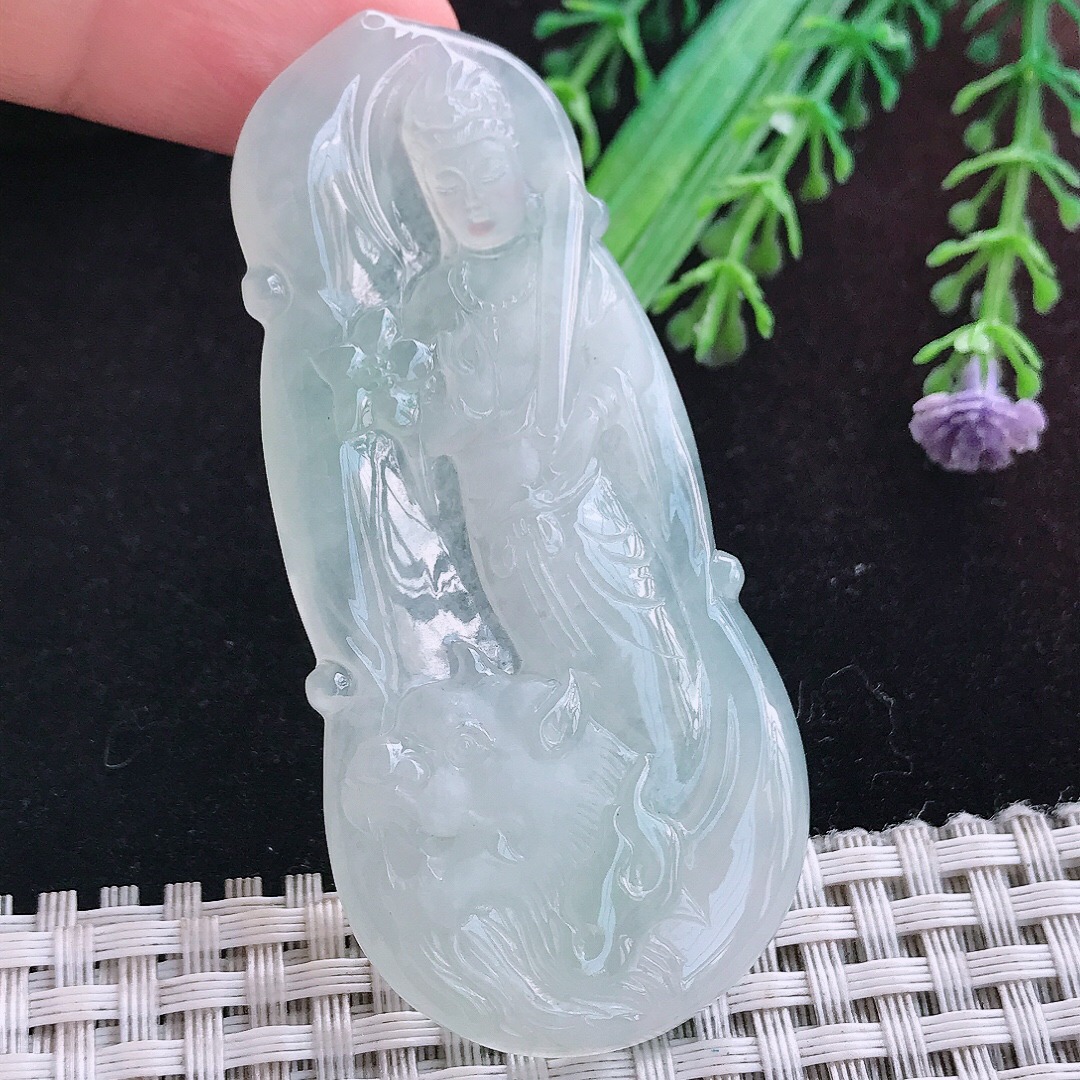 实拍A货翡翠69/32/5.5老坑冰胶晴底文殊菩萨吊坠翡翠玉挂件