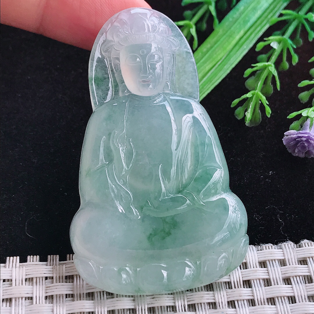 实拍A货翡翠60.5/37.8/6.3老坑冰润起胶冰晴素衣观音吊坠翡翠玉挂件