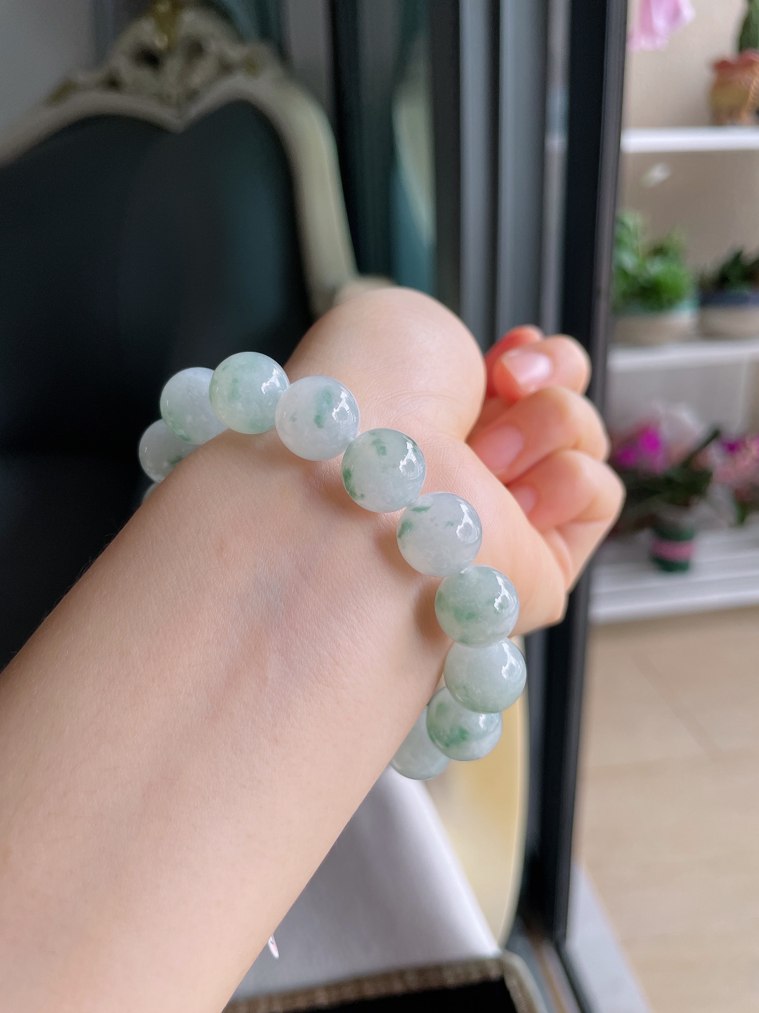 ️，天然翡翠A货，冰飘花手链，尺寸：12mm。【编3737】