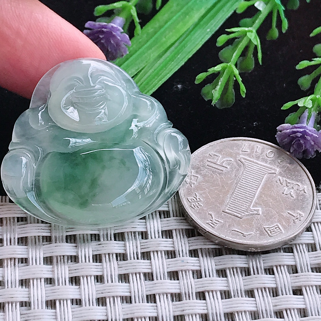 实拍A货翡翠30.5/33.6/5.8老坑冰透冰飘花佛公吊坠翡翠玉挂件
