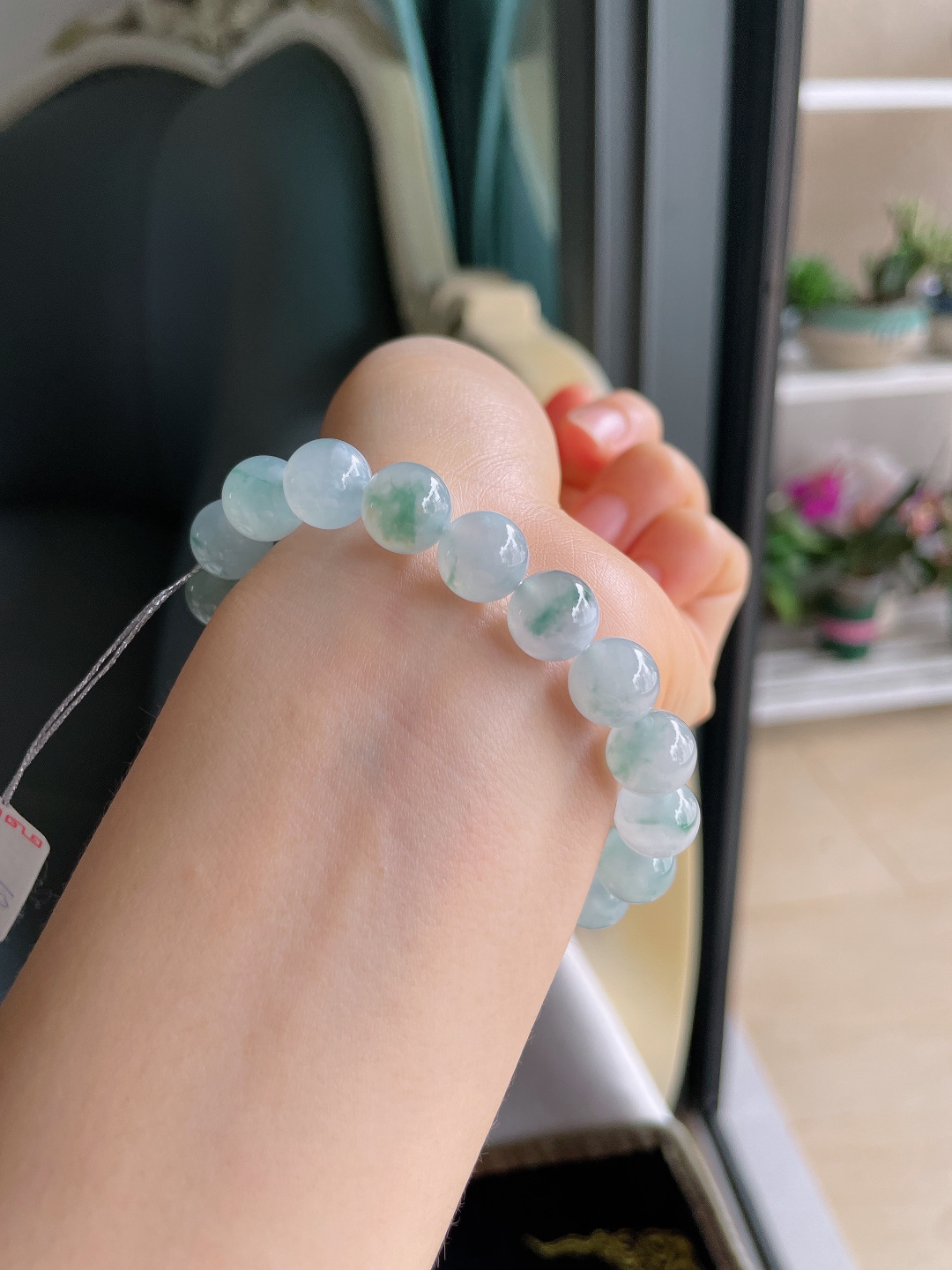 缅甸天然翡翠A货，冰种飘花手链，尺寸：10mm。【编4185】