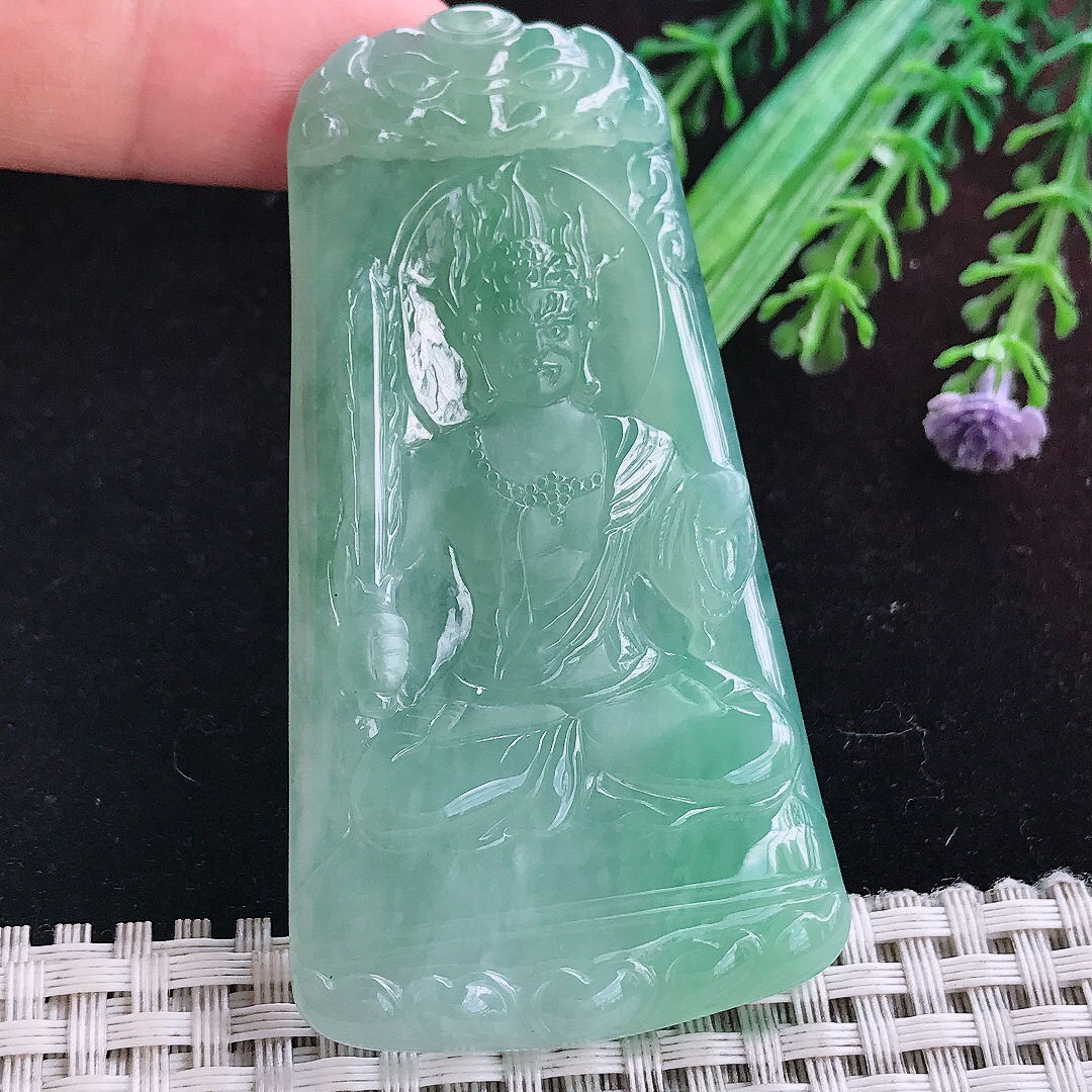 实拍A货翡翠71.5/38.5/5.5老坑冰胶冰晴满绿不动明王吊坠翡翠玉挂件