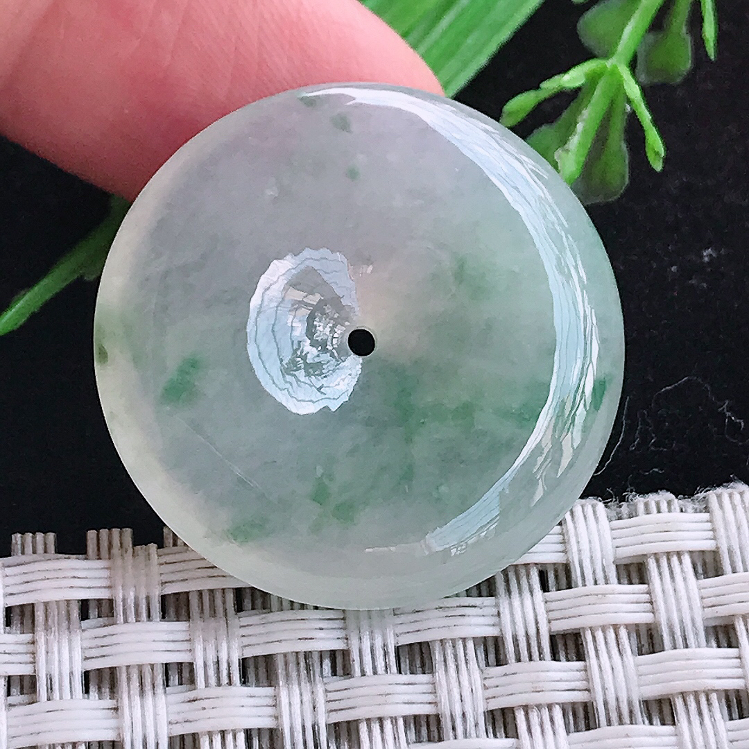 实拍A货翡翠28.7/5.7老坑冰胶飘花平安扣吊坠翡翠玉扣挂件