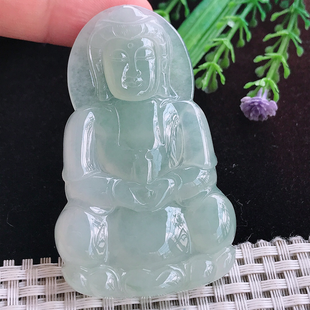 实拍A货翡翠66.6/40.5/6老坑冰润冰晴正装观音吊坠翡翠玉挂件