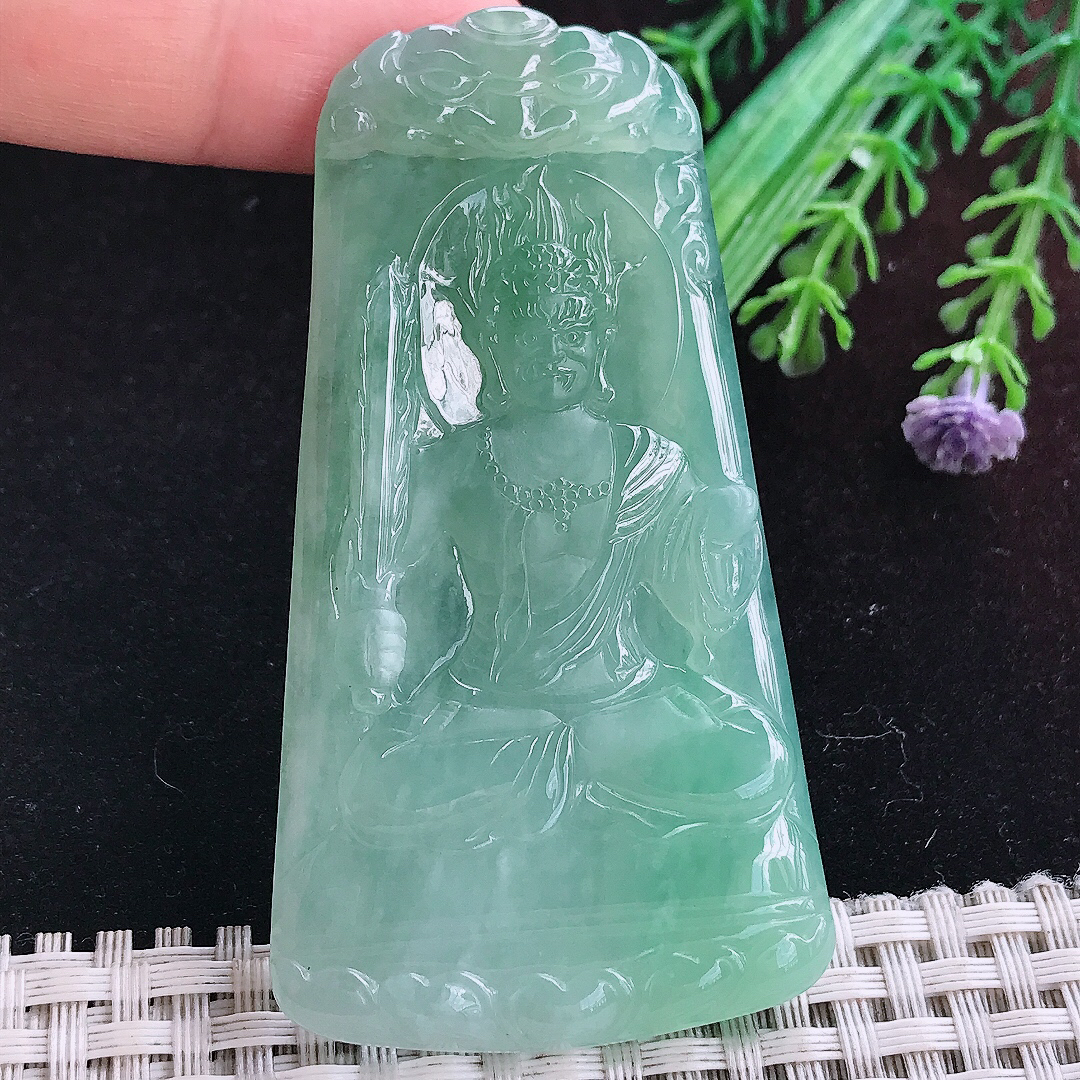 实拍A货翡翠71.5/38.5/5.5老坑冰胶冰晴满绿不动明王吊坠翡翠玉挂件