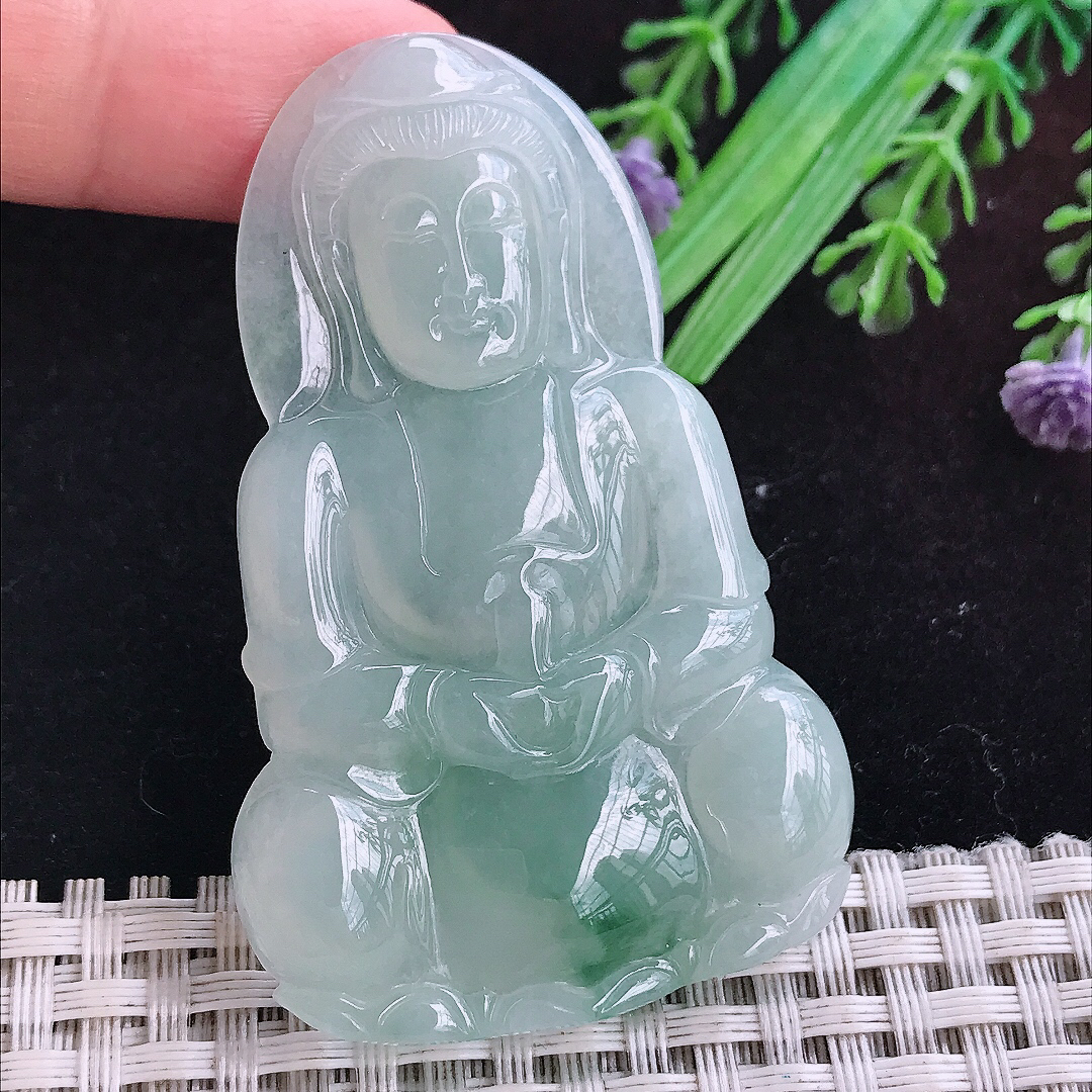 实拍A货翡翠61.5/39/5.6老坑冰润起胶晴底赐福观音吊坠翡翠玉挂件