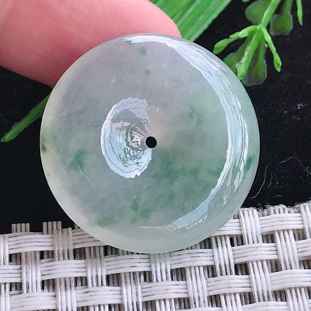 实拍A货翡翠28.7/5.7老坑冰胶飘花平安扣吊坠翡翠玉扣挂件